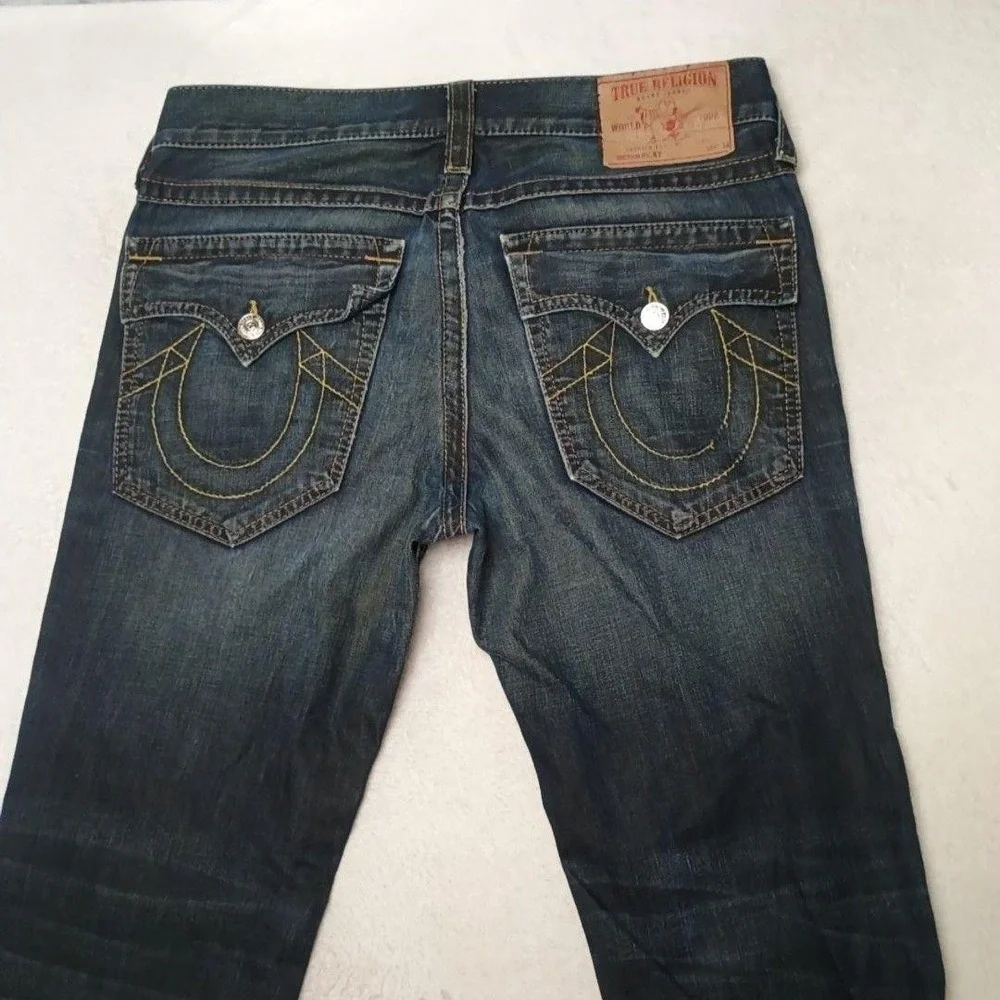 True Religion Jeans Mens 34x30 Blue Straight Medium Wash Distressed Logo USA